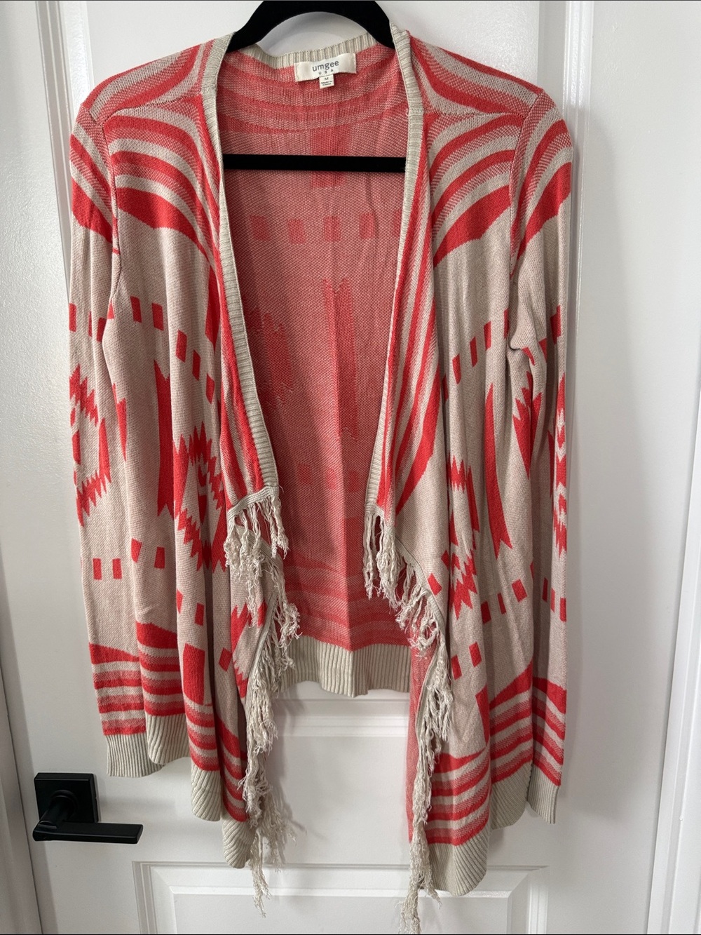 Umgee Coral and Cream Fringe Open-Front Cardigan